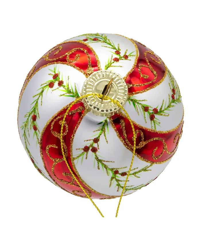80MM Glass Red & White Holly Leaves Ball Ornaments, 6 Piece Box
