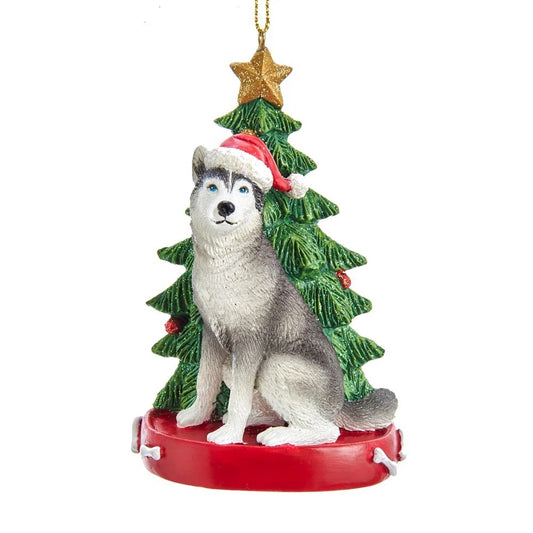 Siberian Husky and Christmas Tree Ornament, 4”, KA-C7954