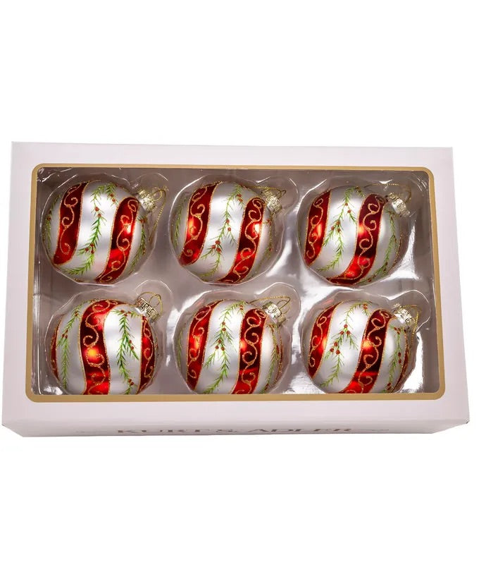 80MM Glass Red & White Holly Leaves Ball Ornaments, 6 Piece Box
