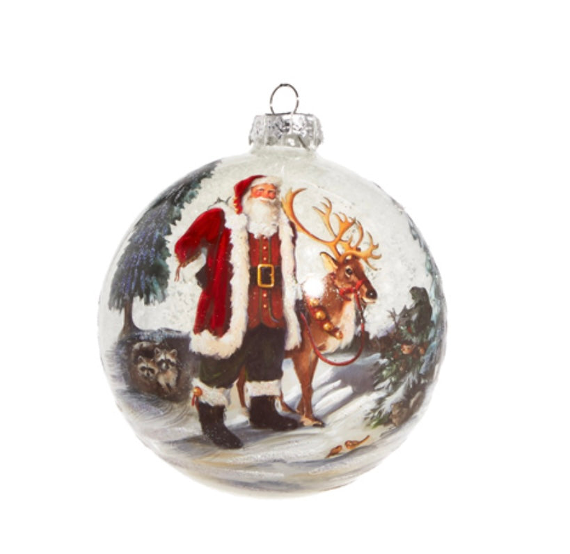 Beautiful Large glass ornament, Fetures Santa and reindeer