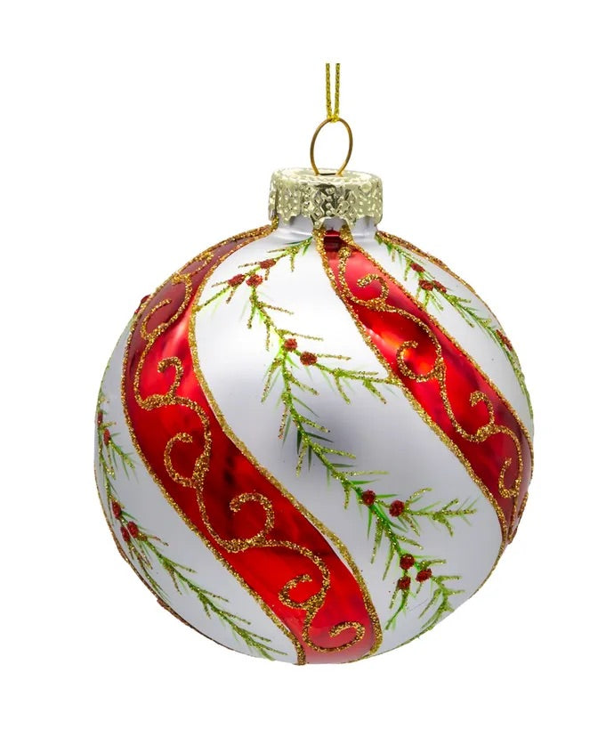 80MM Glass Red & White Holly Leaves Ball Ornaments, 6 Piece Box