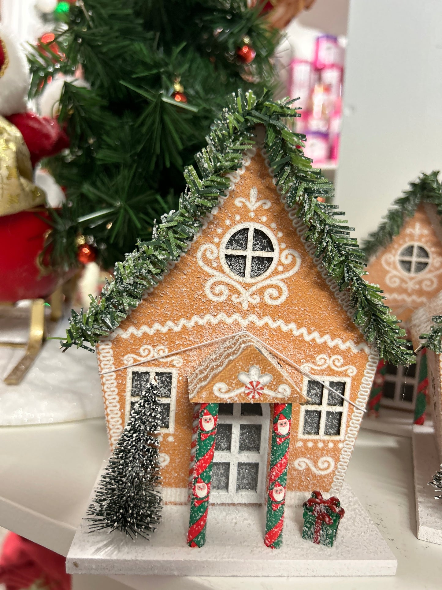 Paper Gingerbread House Table Piece with Bristle Tree & Green Garland, LED
