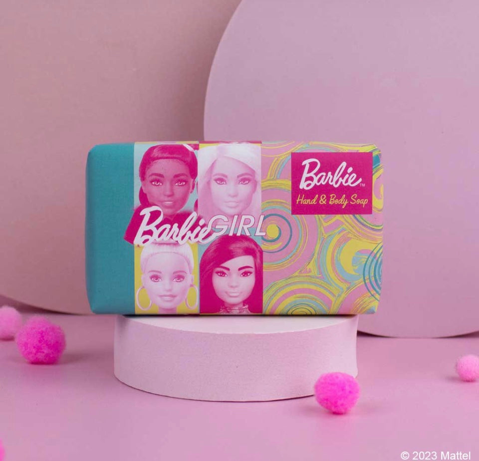 Barbie Soap. has picture of Barbies that read Barbie Girl