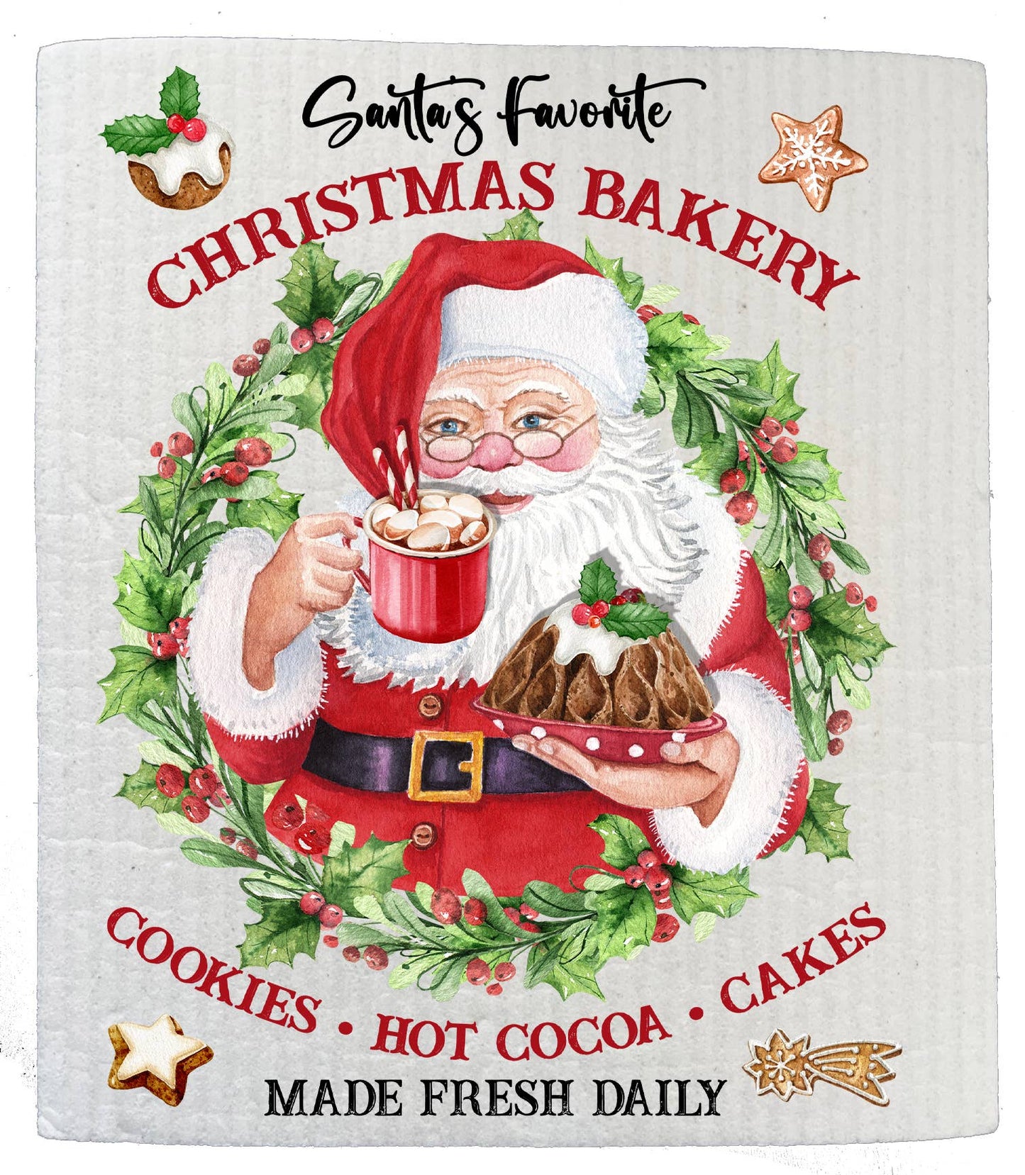 Merry Christmas Santa's Bakery Kitchen SWEDISH DISH CLOTH