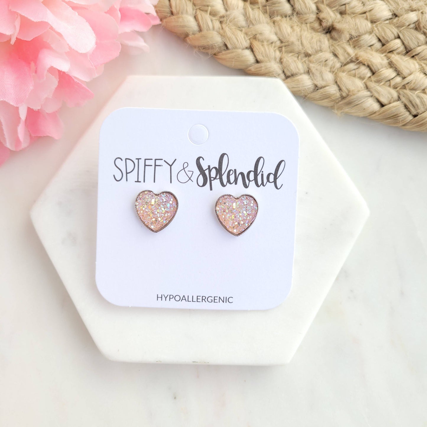 Druzy Heart Stud Earrings - Light Pink