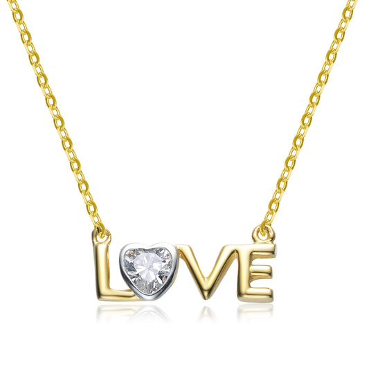 Genevive - Sterling Silver White Cubic Zirconia 'LOVE' Necklace: Gold