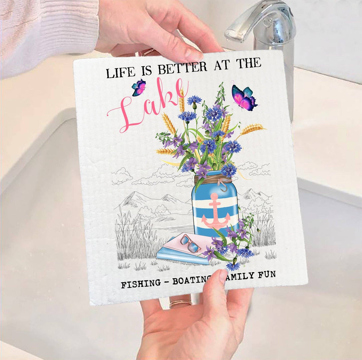 Life is Better at the Lake/Flowers Swedish Dish Cloth