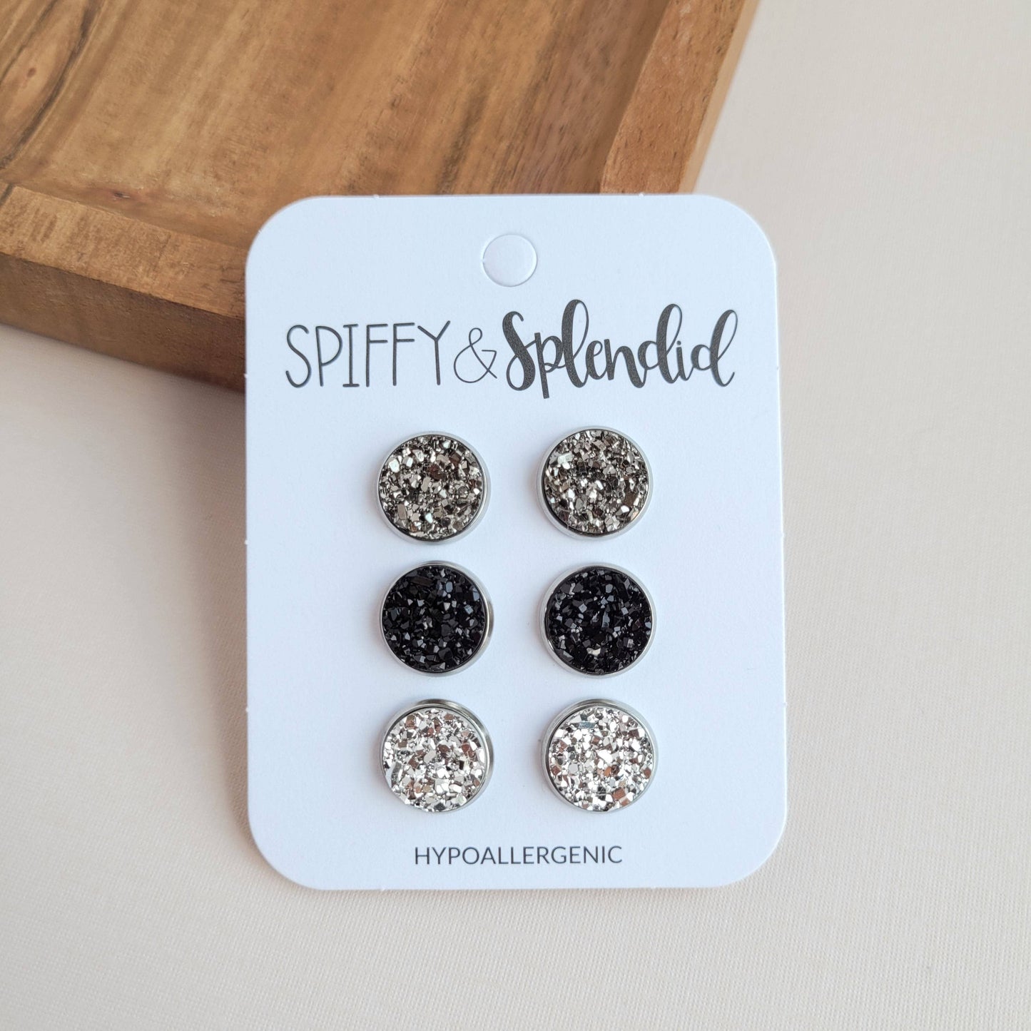 Signature Druzy Trio - Gunmetal, Black & Silver Stud Earring