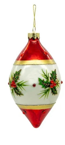 Glass Red & White With Holly, 3 Assorted Ball, Finial and Onion Shaped Ornaments