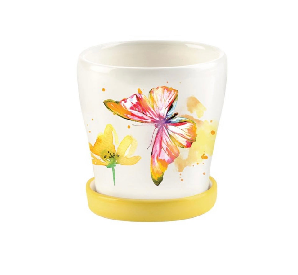 Ceramic Planter with Saucer and Butterfly
