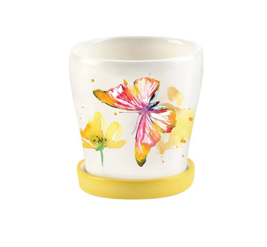 Ceramic Planter with Saucer and Butterfly