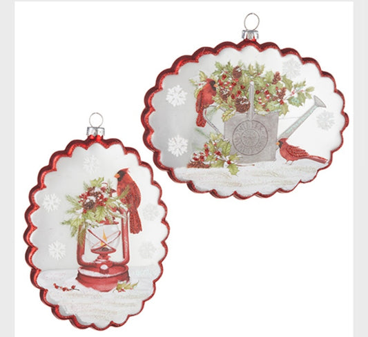 Glass Cardinal Disc Ornament, 2 Assorted