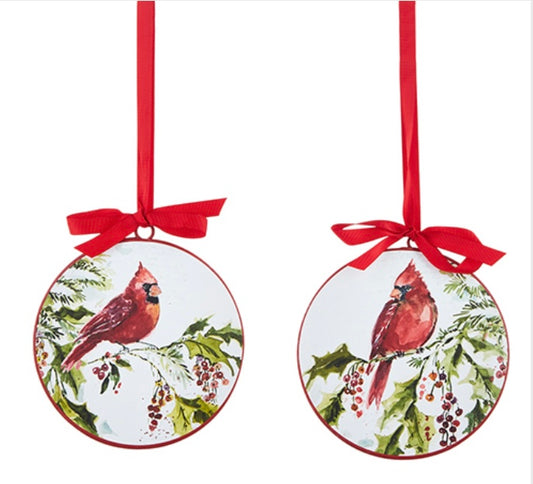 Cardinal Disc Ornaments , 2  Assorted, Raz Imports