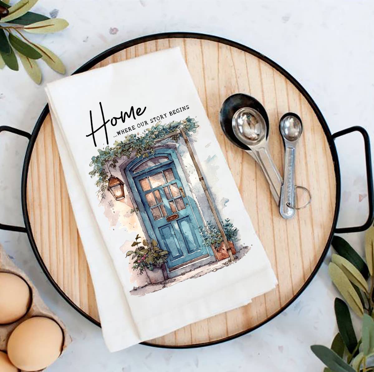 Avery Lane Gifts - Blue Door Home Our Story Begins Flour Sack Tea Towel