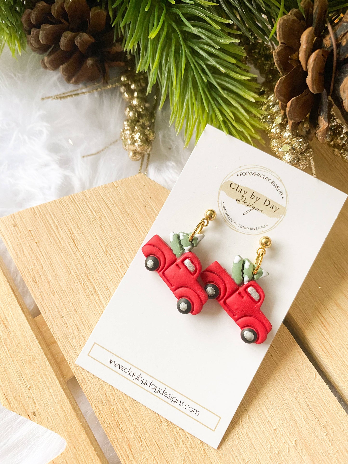 Clay by Day Designs - Christmas Tree Harvest Truck Earring - polymer clay