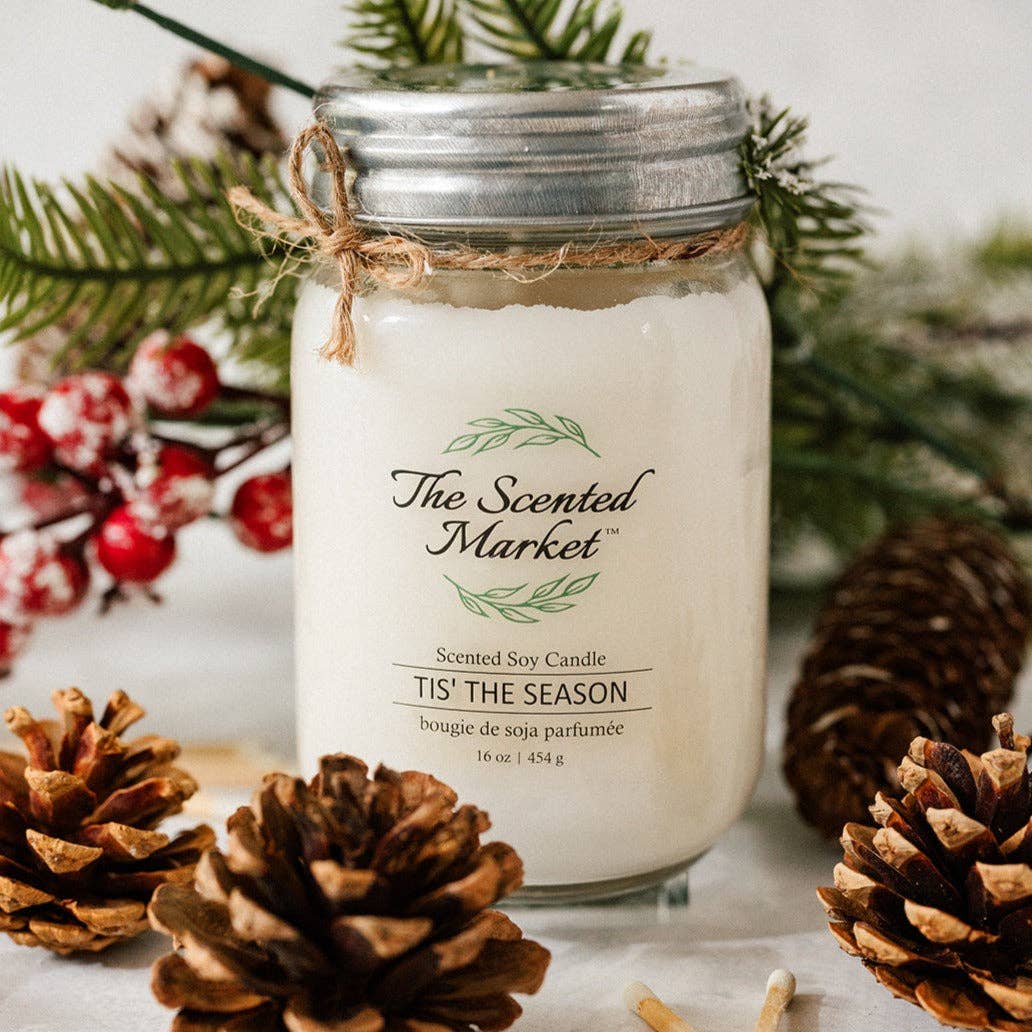 TIS' THE SEASON a soft blend of Balsam fir and a hint of citrus. A joyous Winter blend. Each 16 oz soy wax candle has a burn time of approx. 100 hours and comes in a mason jar with a lid. Each candle is hand poured in small batches to ensure quality. * Our Soy wax is renewable and sustainable * Our mason jar is recyclable or reusable * Our oils are phthalate and paraben free * Dye Free *Soot Free *Gluten Free *Vegan Friendly.

Made in Ontario 