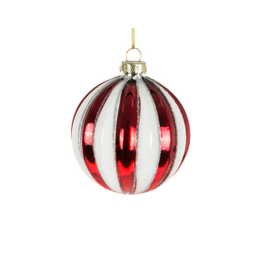 8 CM Red & White Striped Glass Ball Ornament