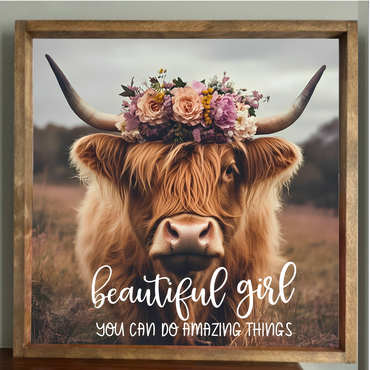 Stir Crazy Signs - Beautiful Girl Highland Cow Farmhouse Sign: 12x12 / Early American
