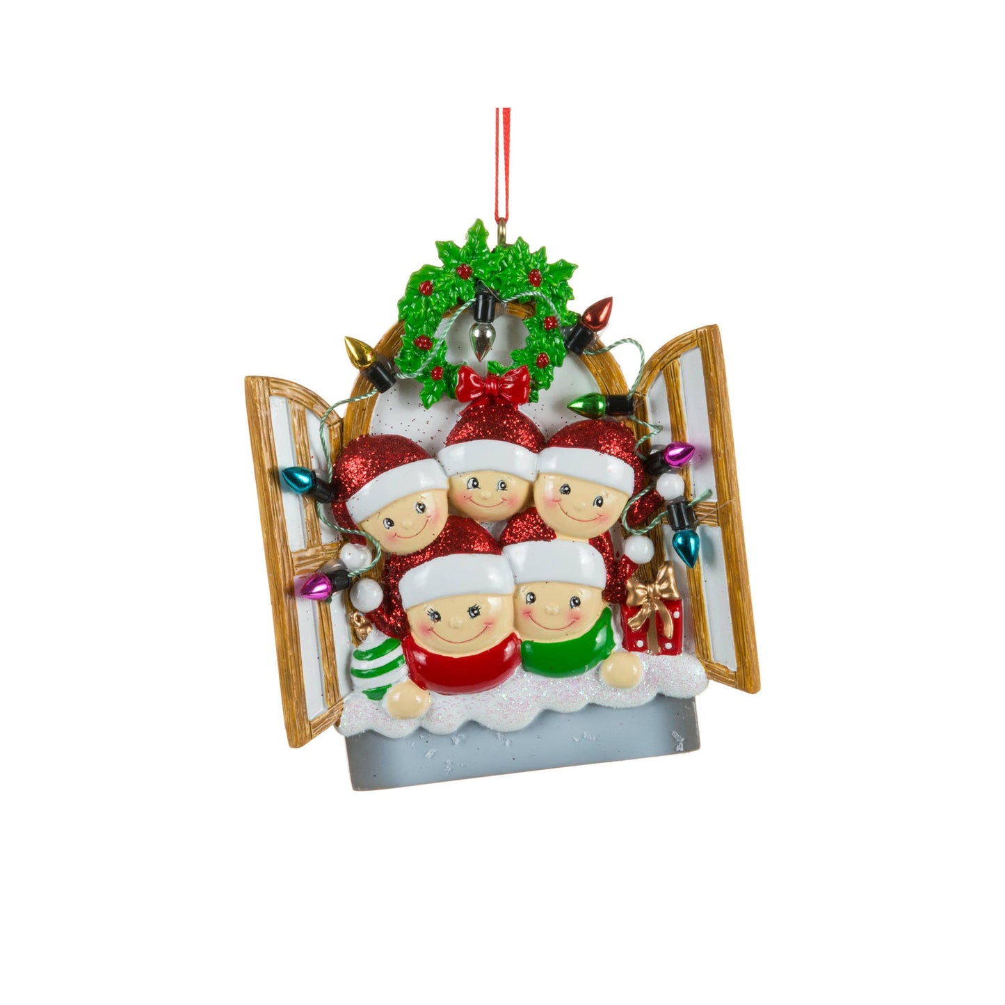 Christmas Tradition - 4" Mom, Dad & Three Children in a Window Ornament