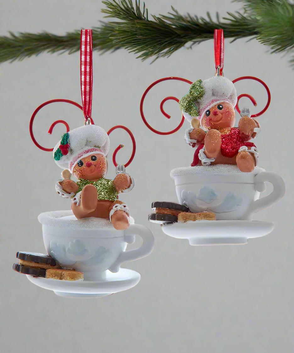 Gingerbread Boy & Girl On Cup Ornaments, 2 Assorted (sold individually)