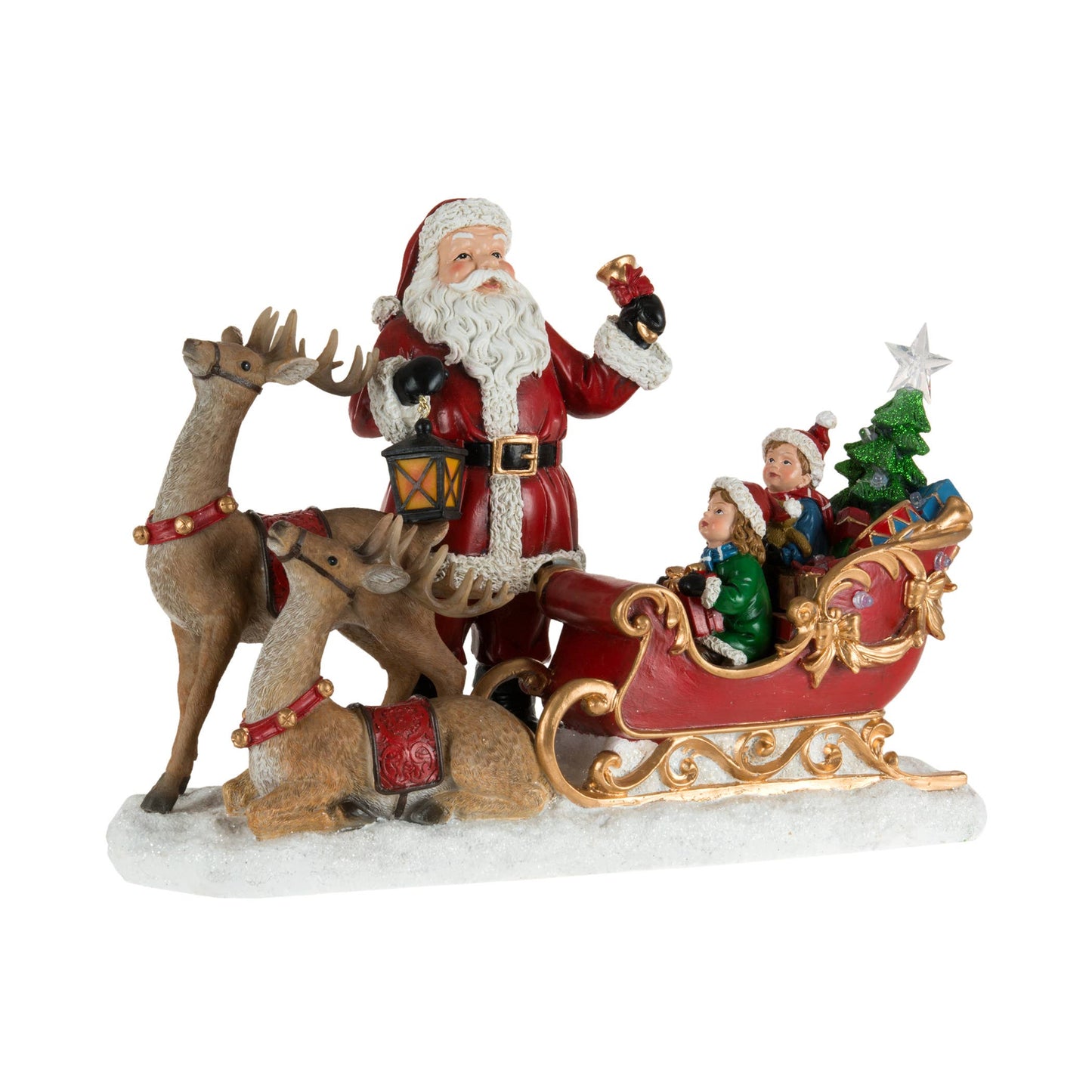 15" Santa & Reindeer with Kids & LED Christmas Tree in a Sleigh