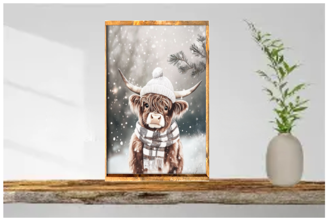 Stir Crazy Signs - Snow Baby Highland Cow Farmhouse Sign: 8x12 / Early American