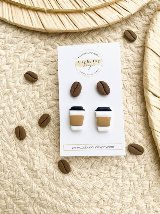 Clay by Day Designs - Coffee Cup & Coffee Bean Polymer Clay Stud Earrings Merch