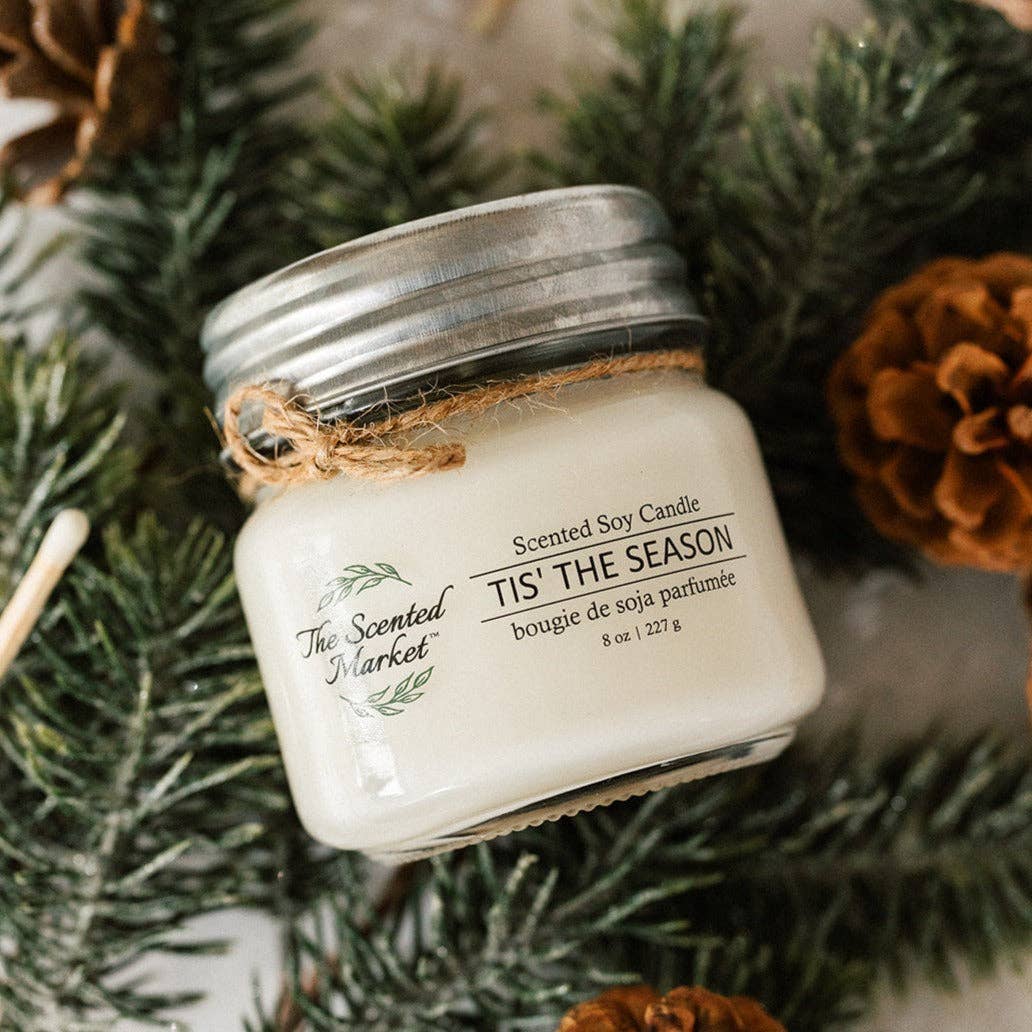 TIS' THE SEASON a soft blend of Balsam fir and a hint of citrus. A joyous Winter blend. Each 8 oz soy wax candle has a burn time of approx. 50 hours and comes in a mason jar with a lid. Each candle is hand poured in small batches to ensure quality. * Our Soy wax is renewable and sustainable * Our mason jar is recyclable or reusable * Our oils are phthalate and paraben free * Dye Free *Soot Free *Gluten Free *Vegan Friendly.

Made in Ontario Canada 