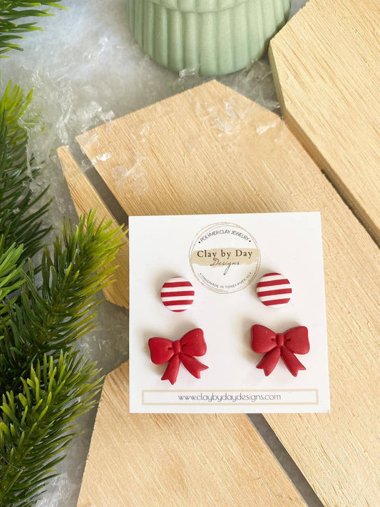 Candycane Stripe / Red Bow- Christmas/Winter Earrings