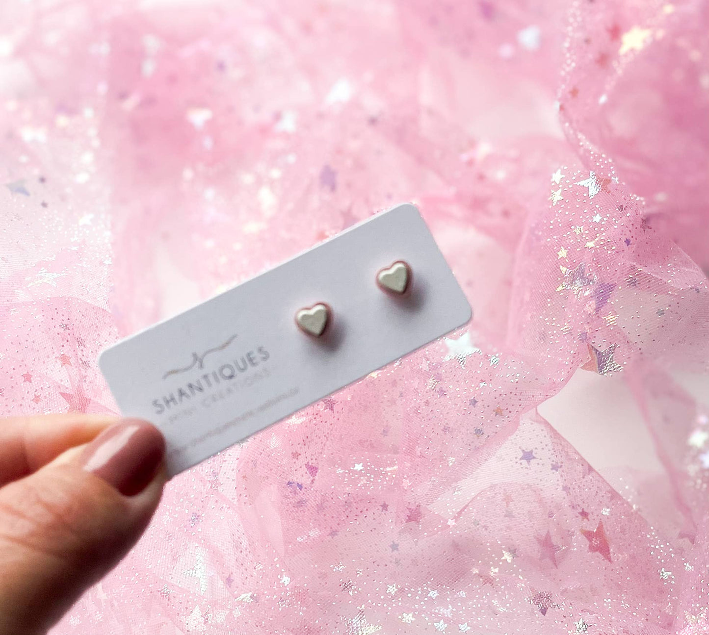 Shantiques Mini Creations - Earrings - Mirco Hearts: White with Pink Border / Post