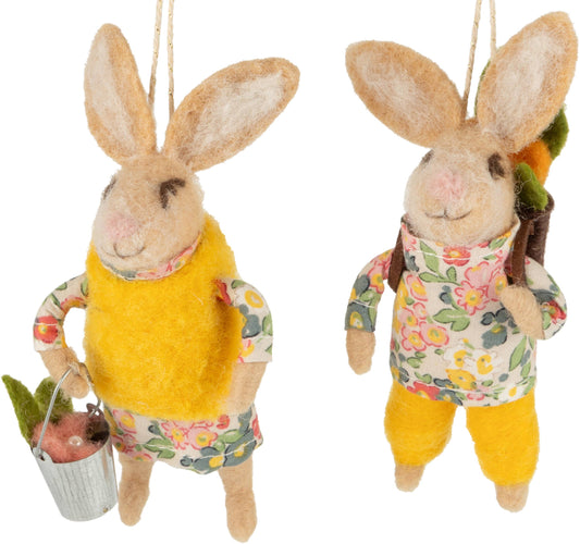 Felt bunny ornament, 2 Assorted vest/sleeve bucket/yellow pant/back pack A12659 (sold individually)