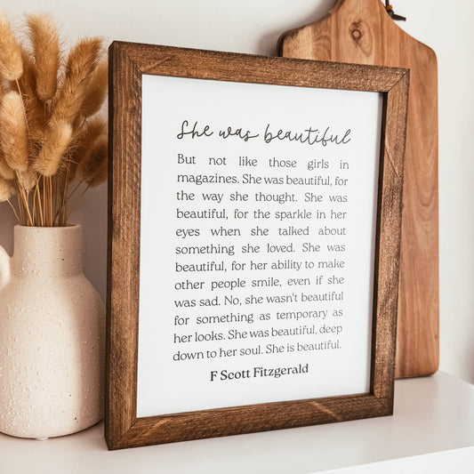 Knotty Design Co. - She Was Beautiful F Scott Fitzgerald Framed Wooden Sign