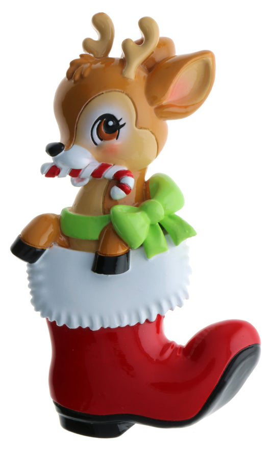 PolarX Ornaments - Nostalgic Baby Deer in Boot Personalized Ornament: Red & Green