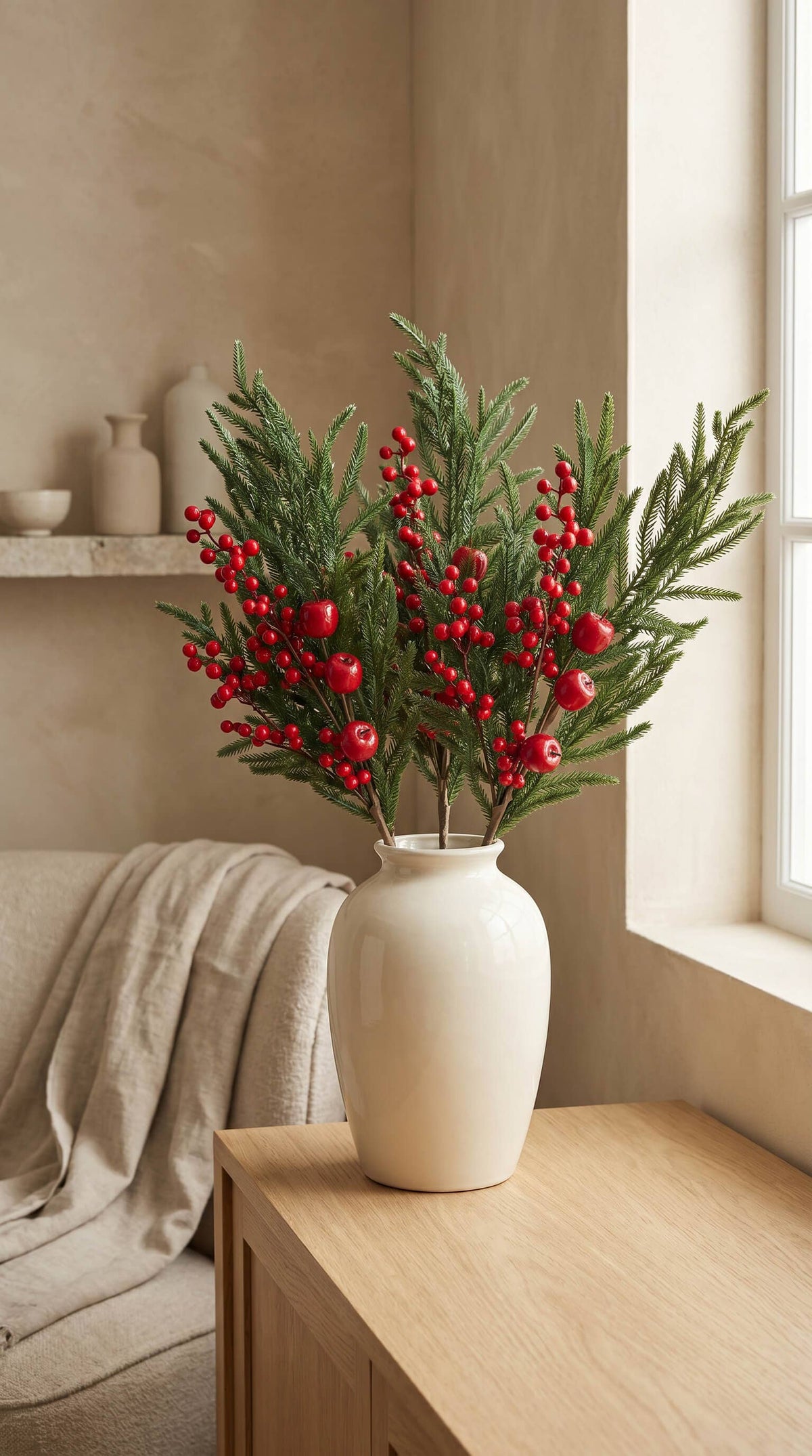 Hycroft Home Decor - Real Touch Christmas Stem, Red Apple Berry Pine, 26 Inch
