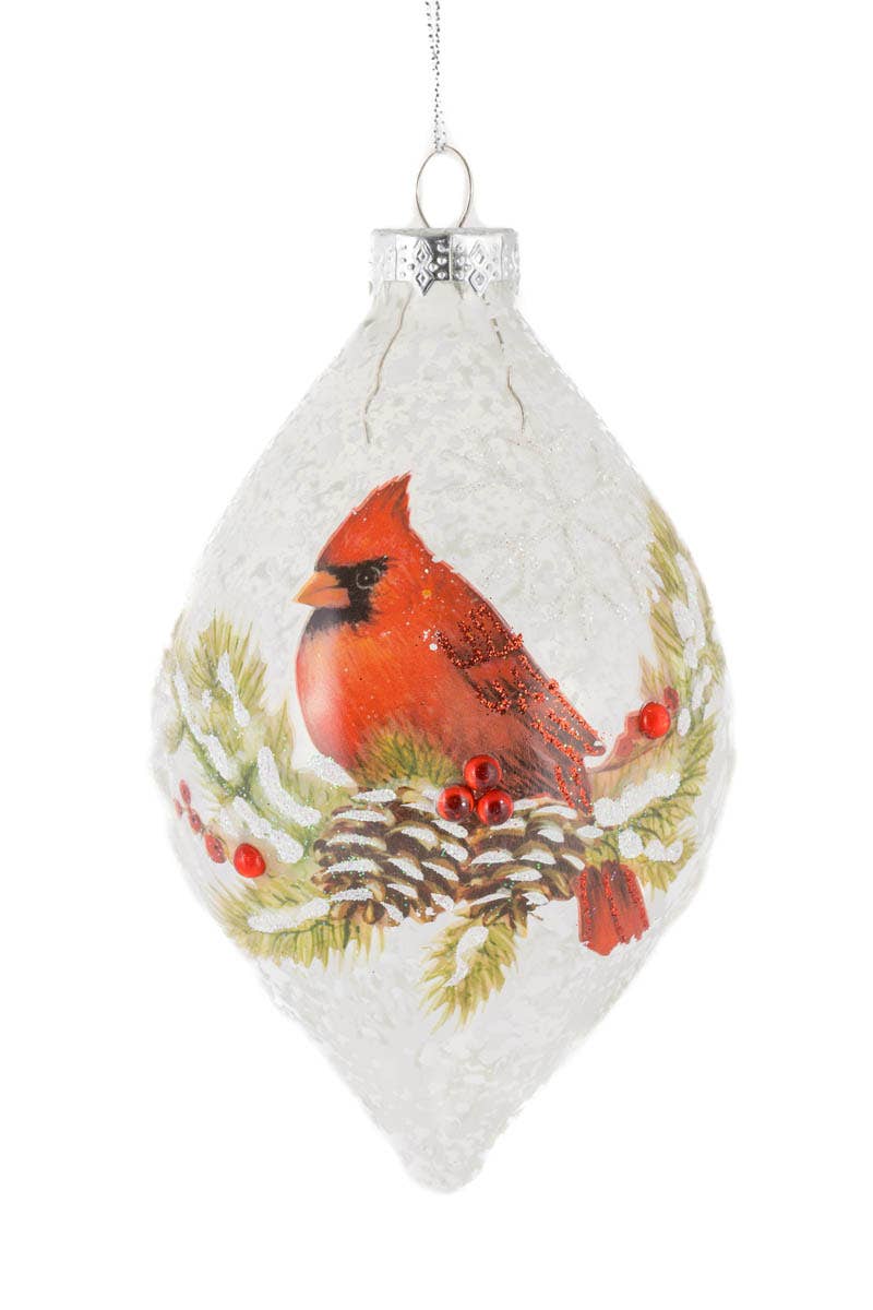 Starlight Collection - White Frosted Finial Ornament With Cardinal Decal