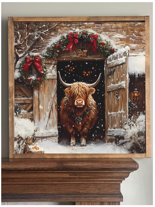 Waiting for Christmas Highland Cow Farmhouse Sign: 12x12 / Early American