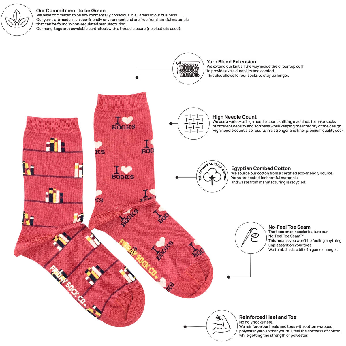 Friday Sock Co. - Women's I Love Books Crew Socks - Mother's Day Gift: Women’s 5 – 10