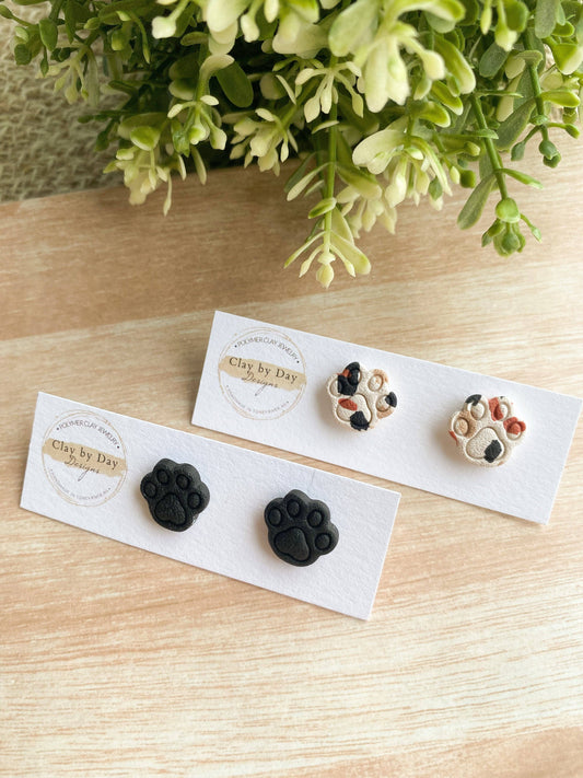 Clay by Day Designs - Paw Print Stud Earrings: Black