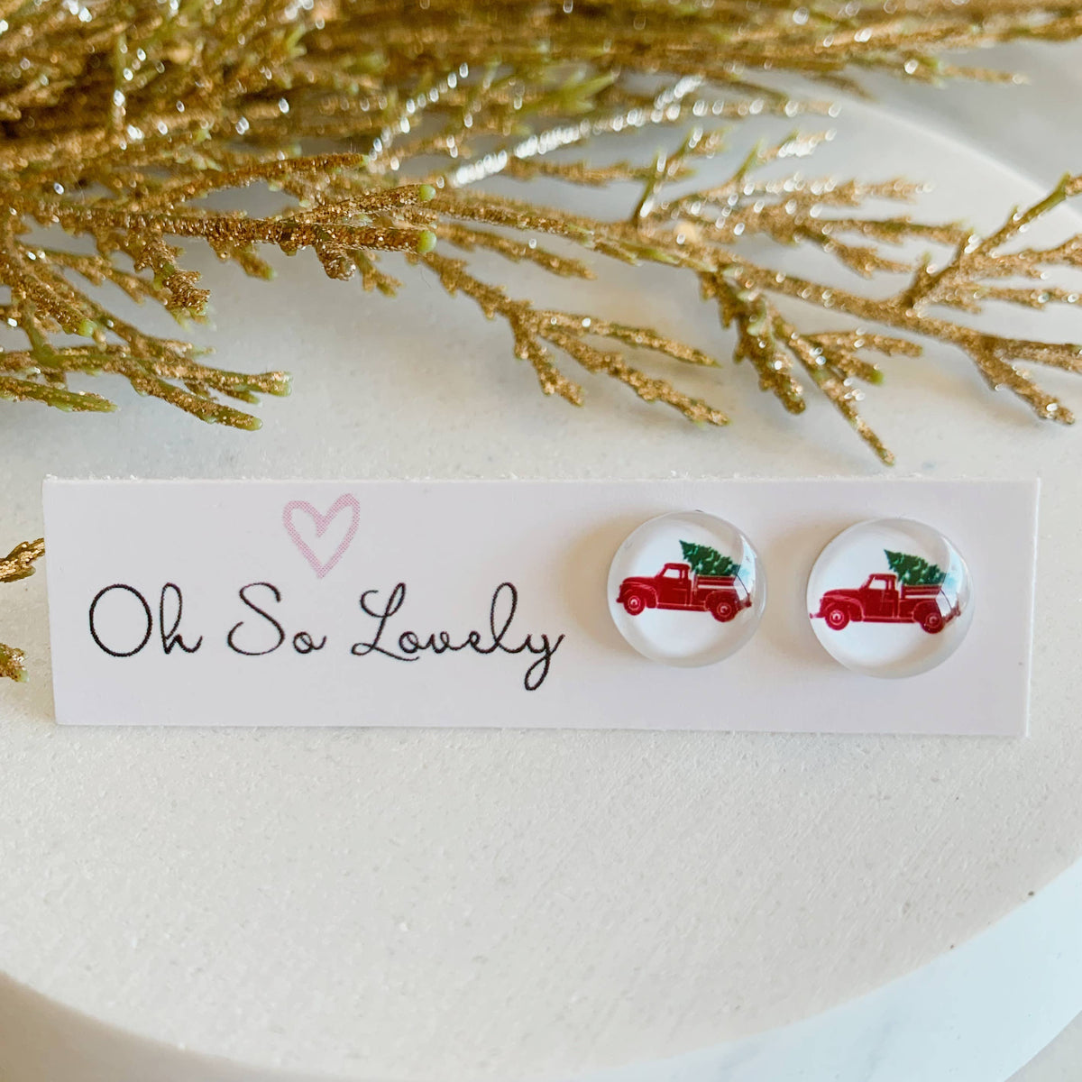 Oh So Lovely - Red Christmas truck with tree earrings