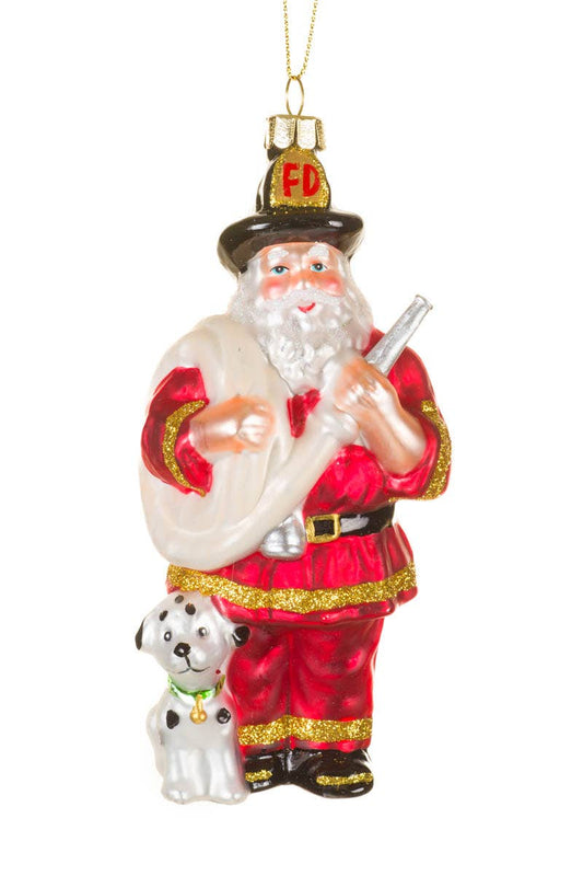 NEW-Red Glossy Fireman Santa Ornament With Dalmatian