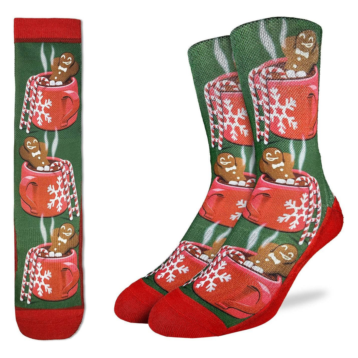 Good Luck Sock - Men's Gingerbread Man Soaking in Hot Chocolate Socks: Shoe Size 8-13