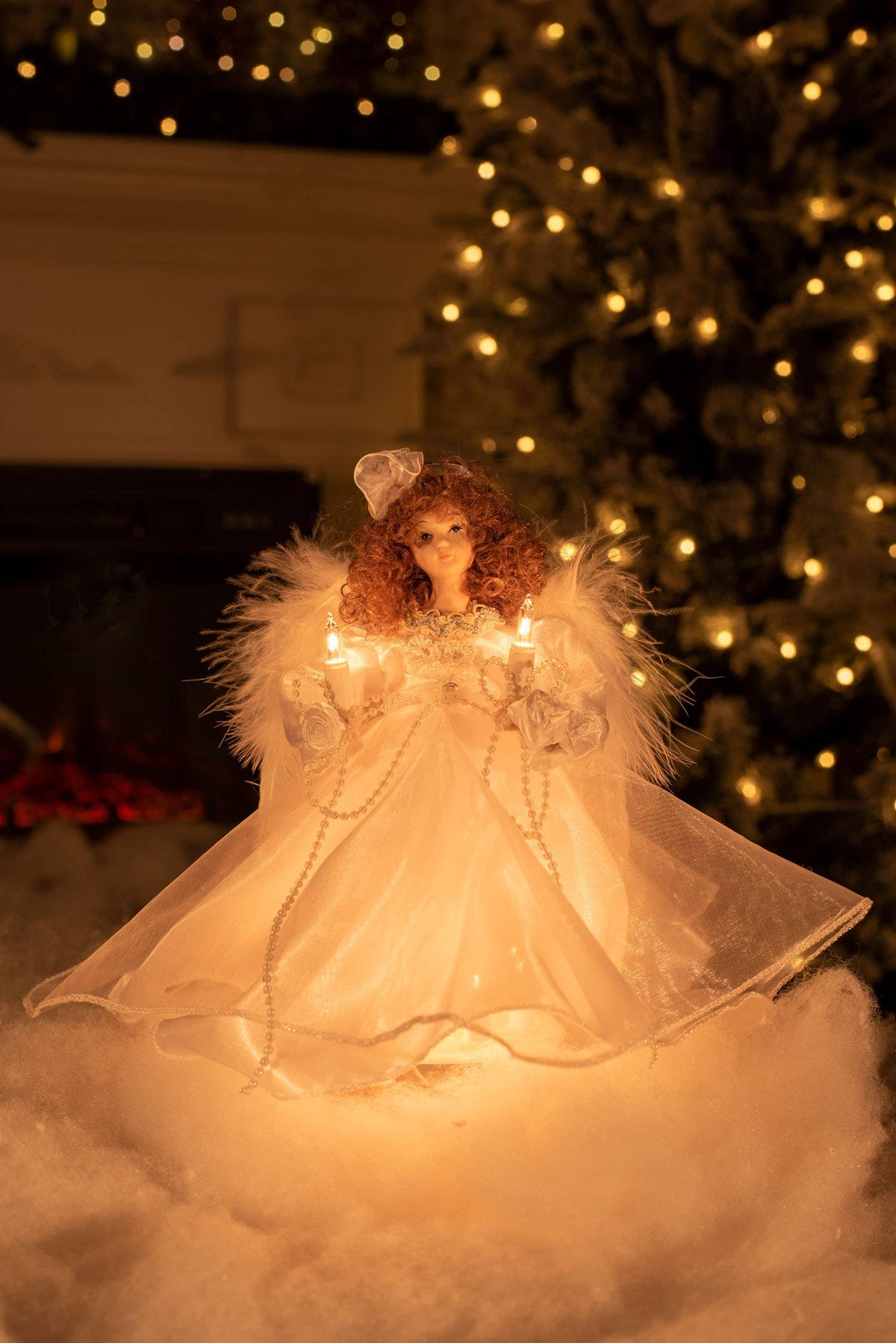Starlight Collection - White 10-Light Small Angel Tree topper with Brown Curly Hair