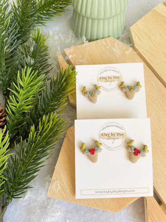 Clay by Day Designs - Reindeer Stud Earring - Christmas/Winter Earrings: Red
