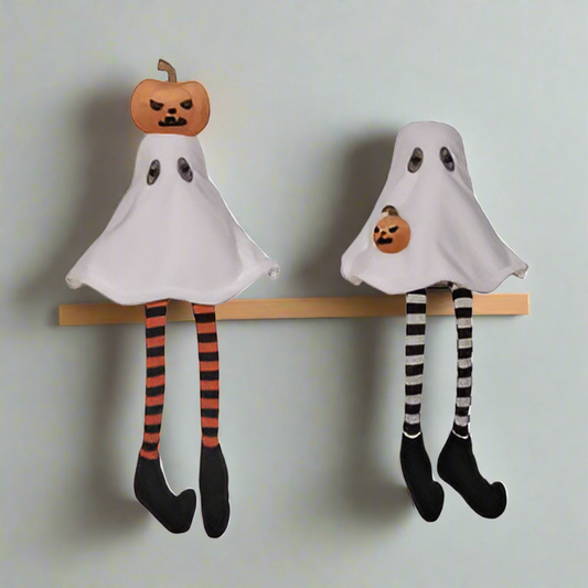 Add a playful touch to your Halloween decor with these cute shelf sitters! Featuring black and orange/white and black dangling legs, one ghost even has a pumpkin on its head. Perfect for adding joy to your home during the spooky season. Sold individually or as a pair.