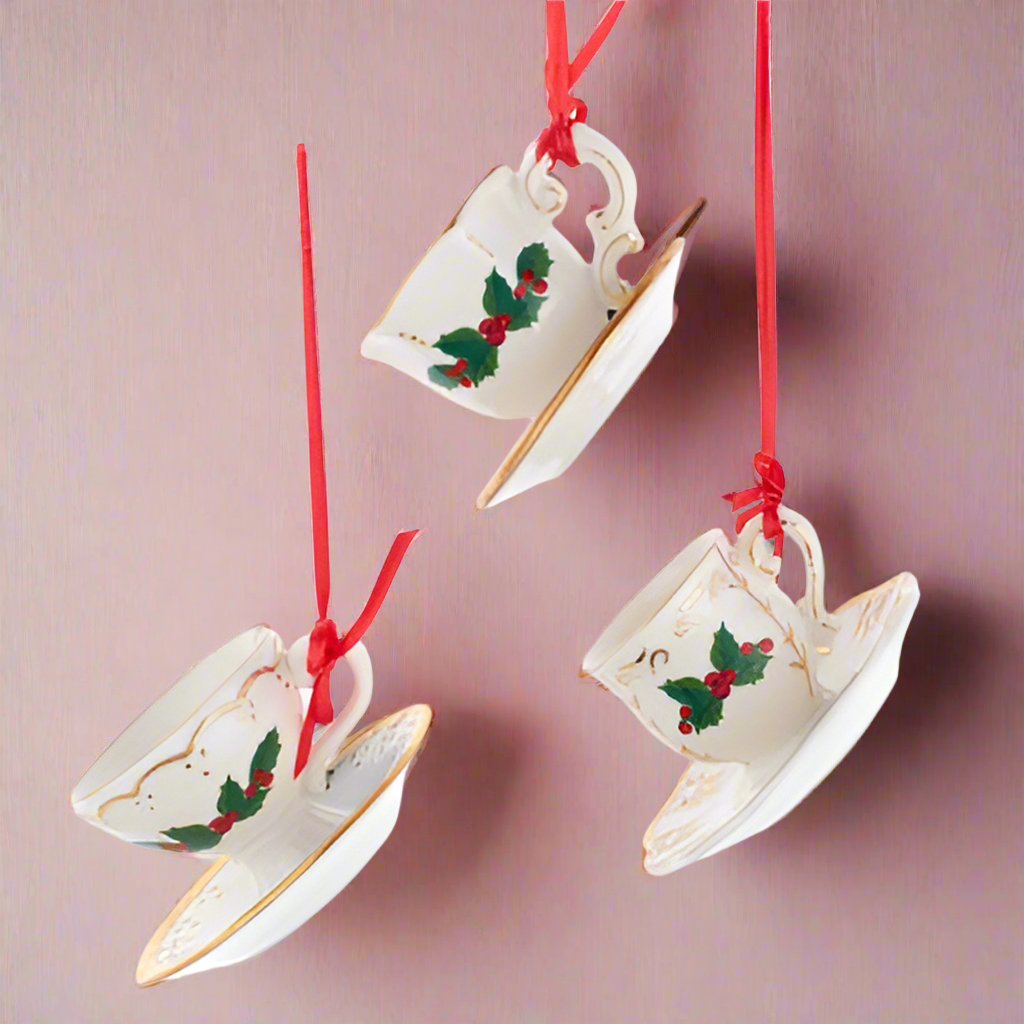 Porcelain Holiday Formal Tea Cup Ornaments, 3 Assorted (sold individually or as a set)