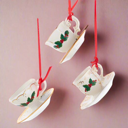 Porcelain Holiday Formal Tea Cup Ornaments, 3 Assorted (sold individually or as a set)