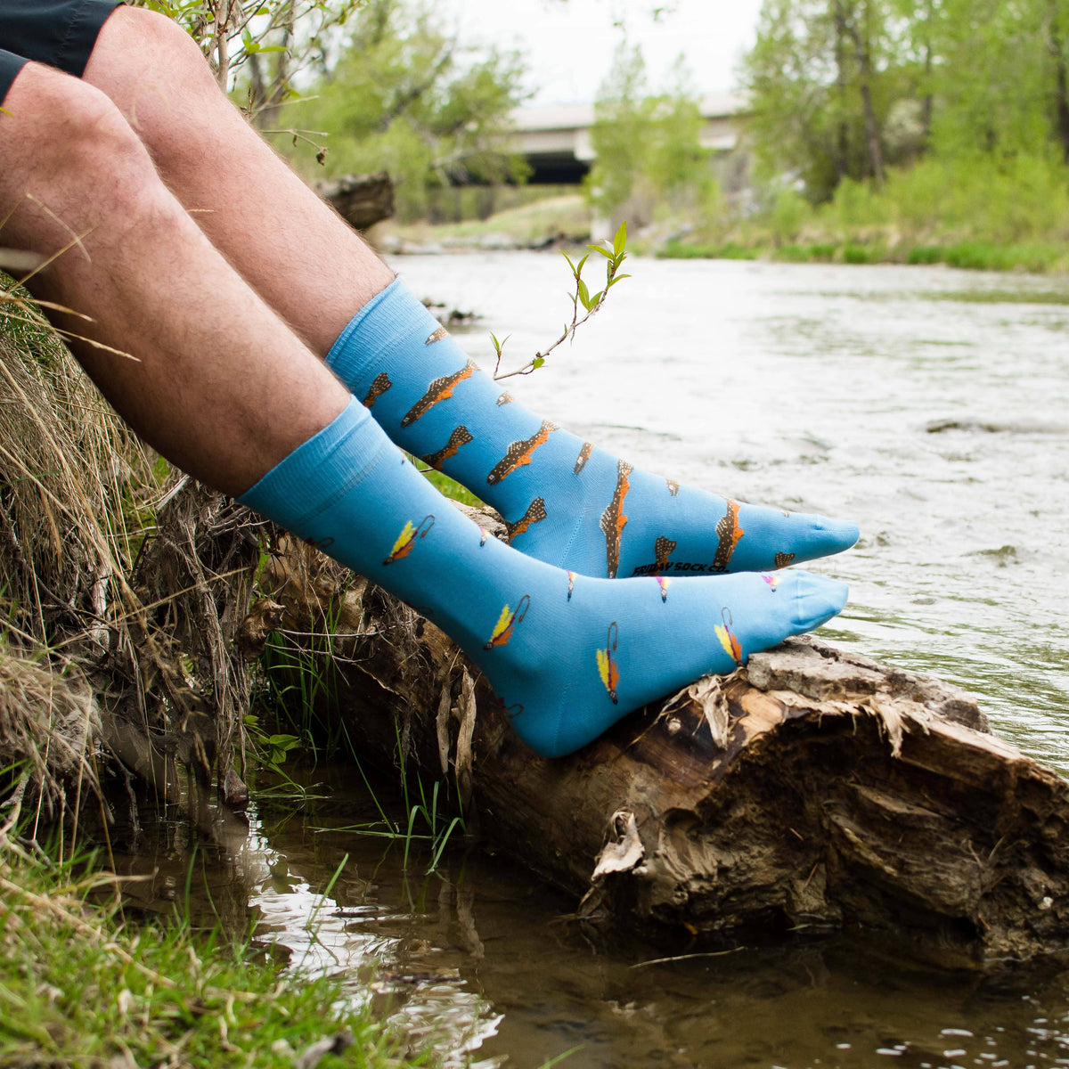 Friday Sock Co. - Men’s Trout & Fly Mid-Calf Socks - Fishing Gift for Him: Men's 7 - 12