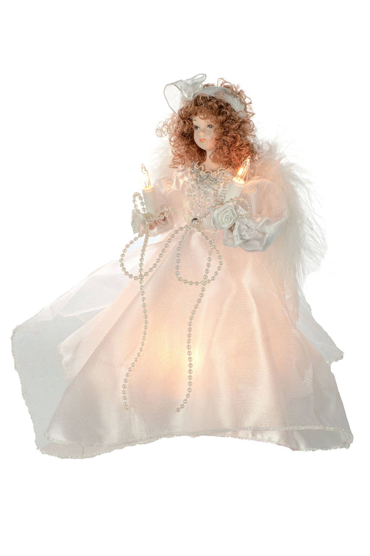 Starlight Collection - White 10-Light Small Angel Tree topper with Brown Curly Hair