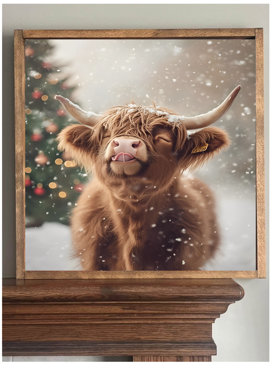 Catching Snowflakes Highland Cow Farmhouse Sign: 12x12 / Early American
