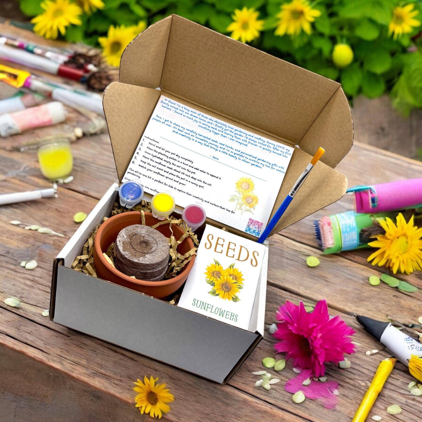 Fuschia Designs Shop - Paint, Plant & Grow DIY Kit with Clay Pot, Sunflower Seeds, Paint Brush, Paint, Soil